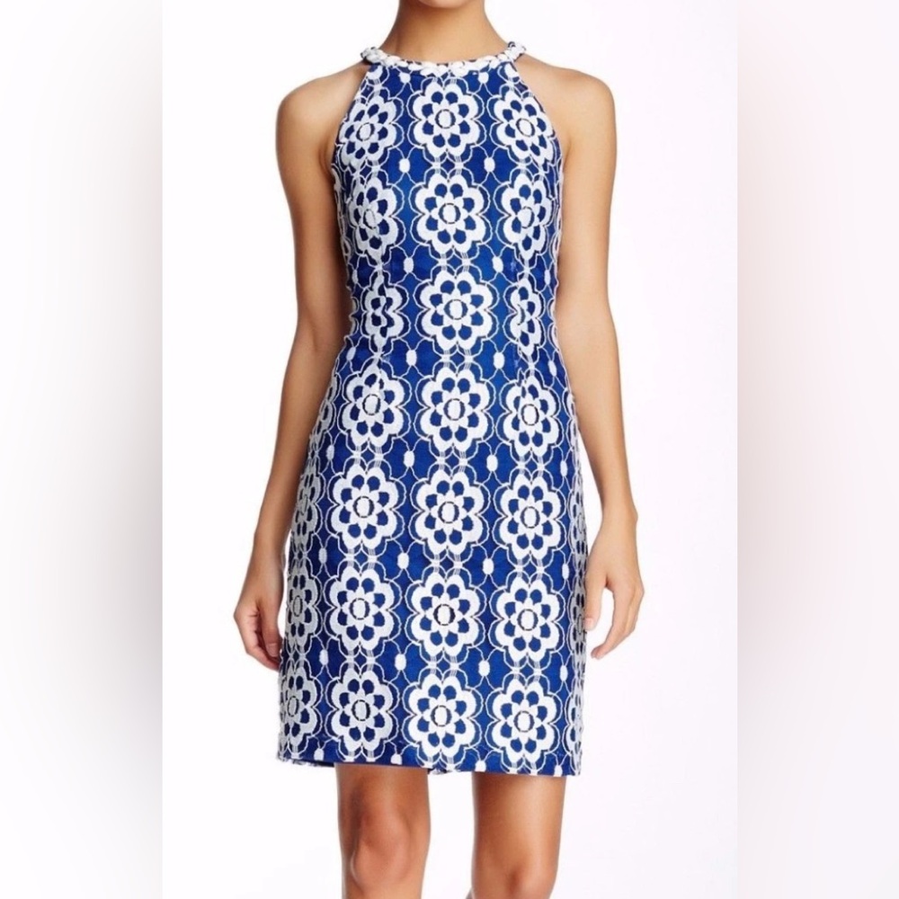 Nine West Royal Blue Embroidered Medallion Dress 14 Beaded Neckline Lined